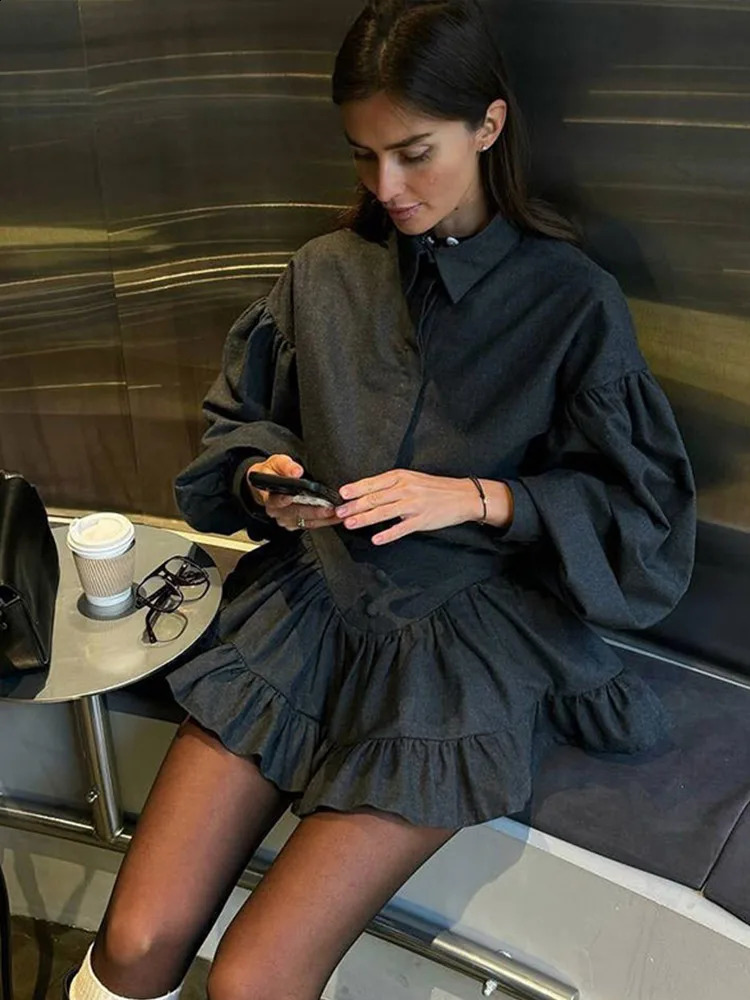 Lapel Button Up Shirt Top Ruffle Edge Short Skirt Two Piece Set Fashion Loose Classic Women Blouse Waist Cinching Half Skirts 250319