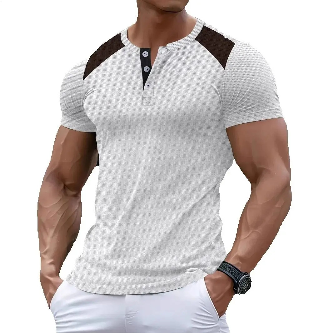 European and American Mens Summer Casual Sports Muscle Handsome Tie Competition Color Waffle Short Sleeve Slim Top 250317