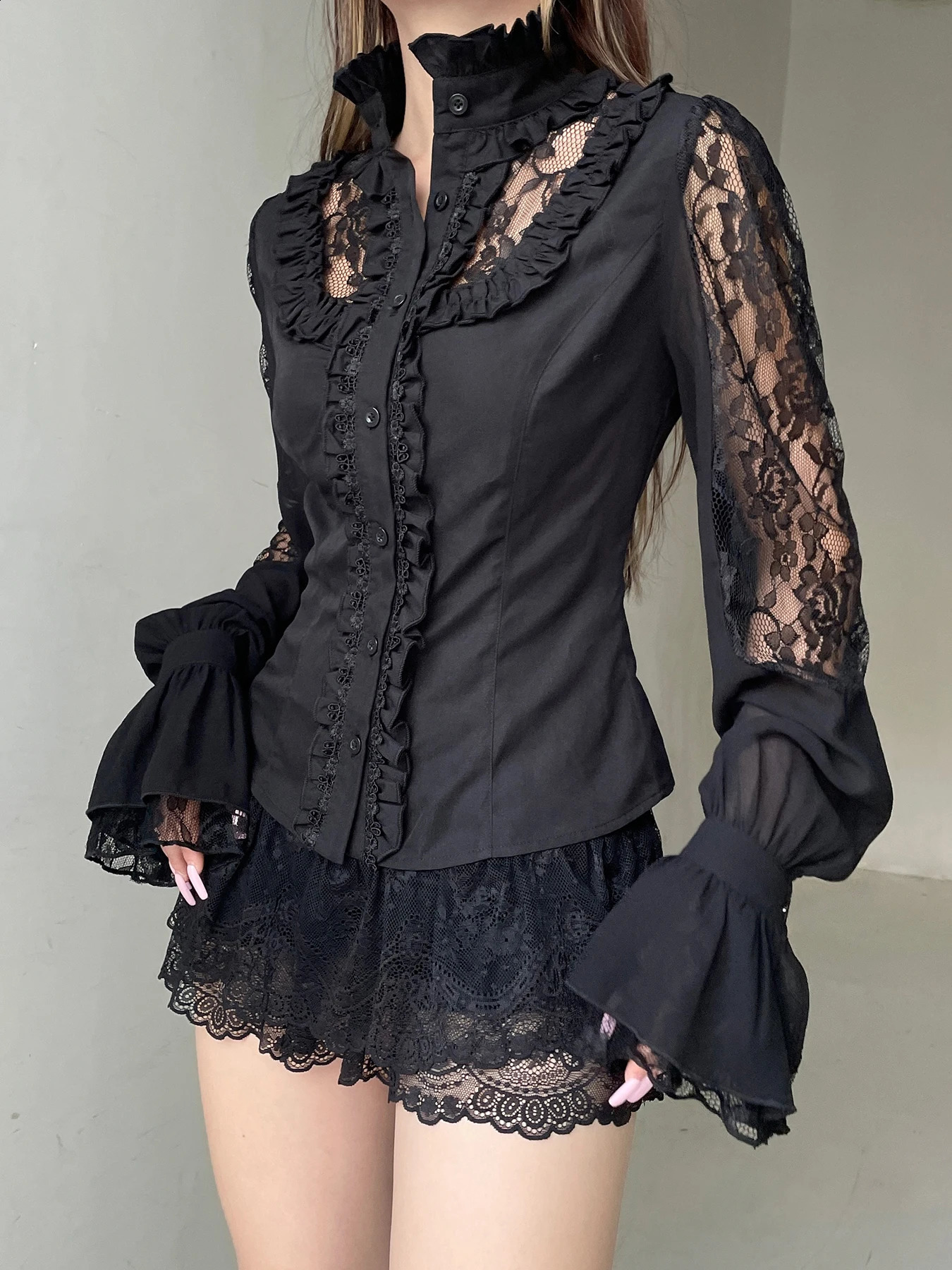 IAMSURE retro dark patch work lace shirt Gothic See Through Turtleneck long sleeved womens springsummer streetwear 250318