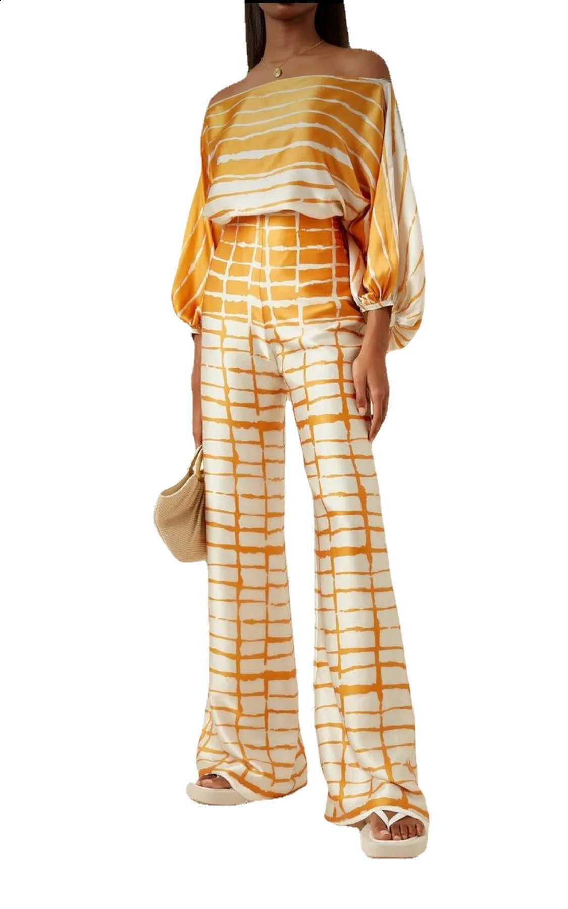 Womens satin printed pajama set fashionable hollow shoulder top pants 2-piece set family clothing 250314