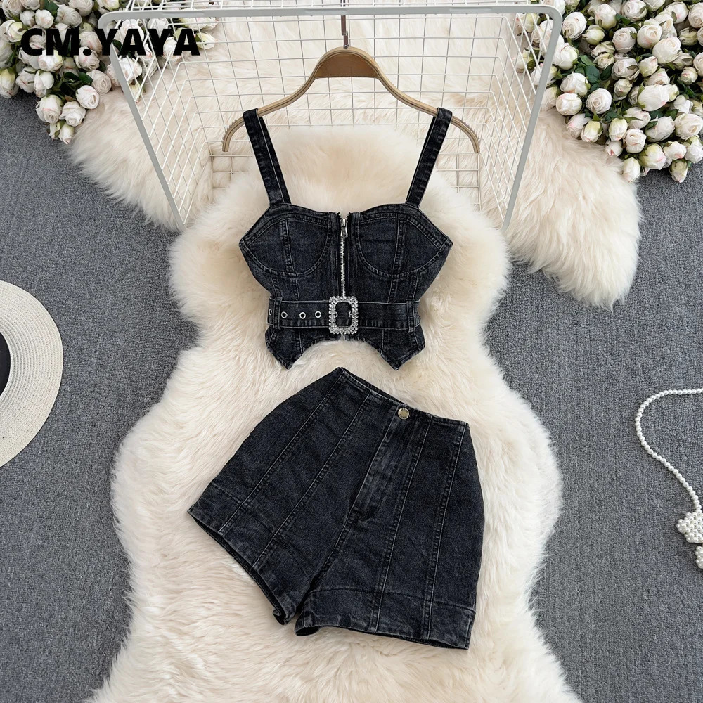 CM.YAYA Women Set Denim Strapless Belt Top Mini shorts Sets Street Casual Two 2 Piece Set Sexy Party Outfit Summer 250319