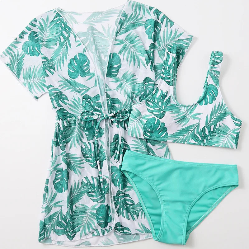 Girls 3pack Leaf Print High Waist Bikini Kids Swimsuit Kimono 7-12 Years Childrens Swimwear Teens Bathing Suit Beach Wear 250319