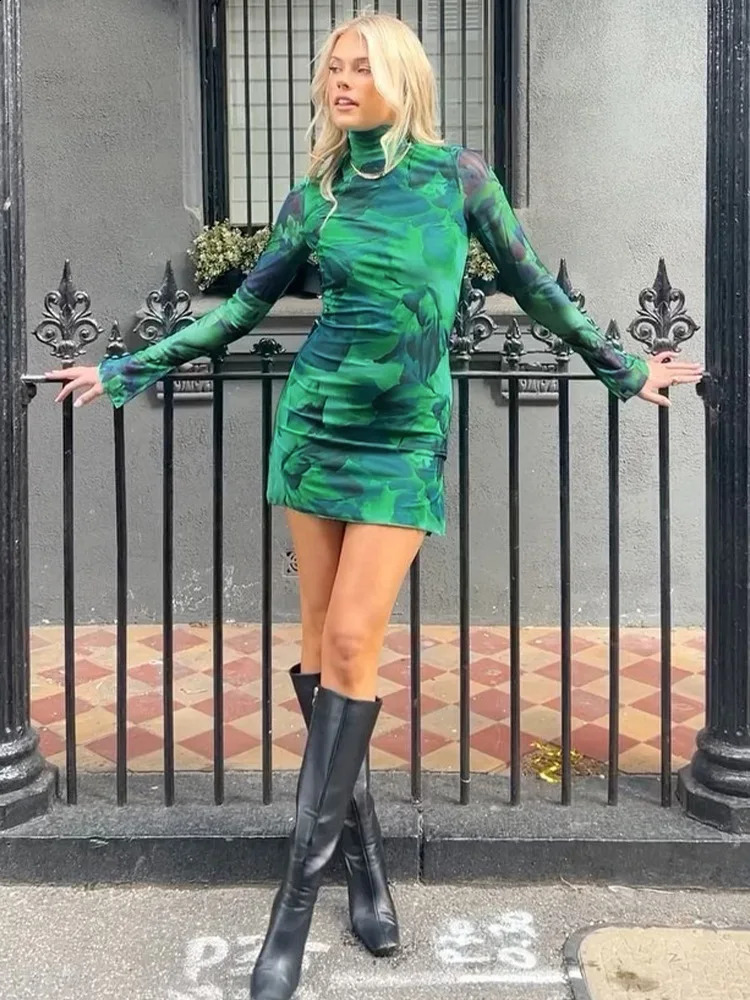 Dulzura Tie Dye Print Women Mesh Long Sleeve Mini Dress Bodycon Sexy Y2K Short Dress Party Streetwear Outfits Spring Summer 250319
