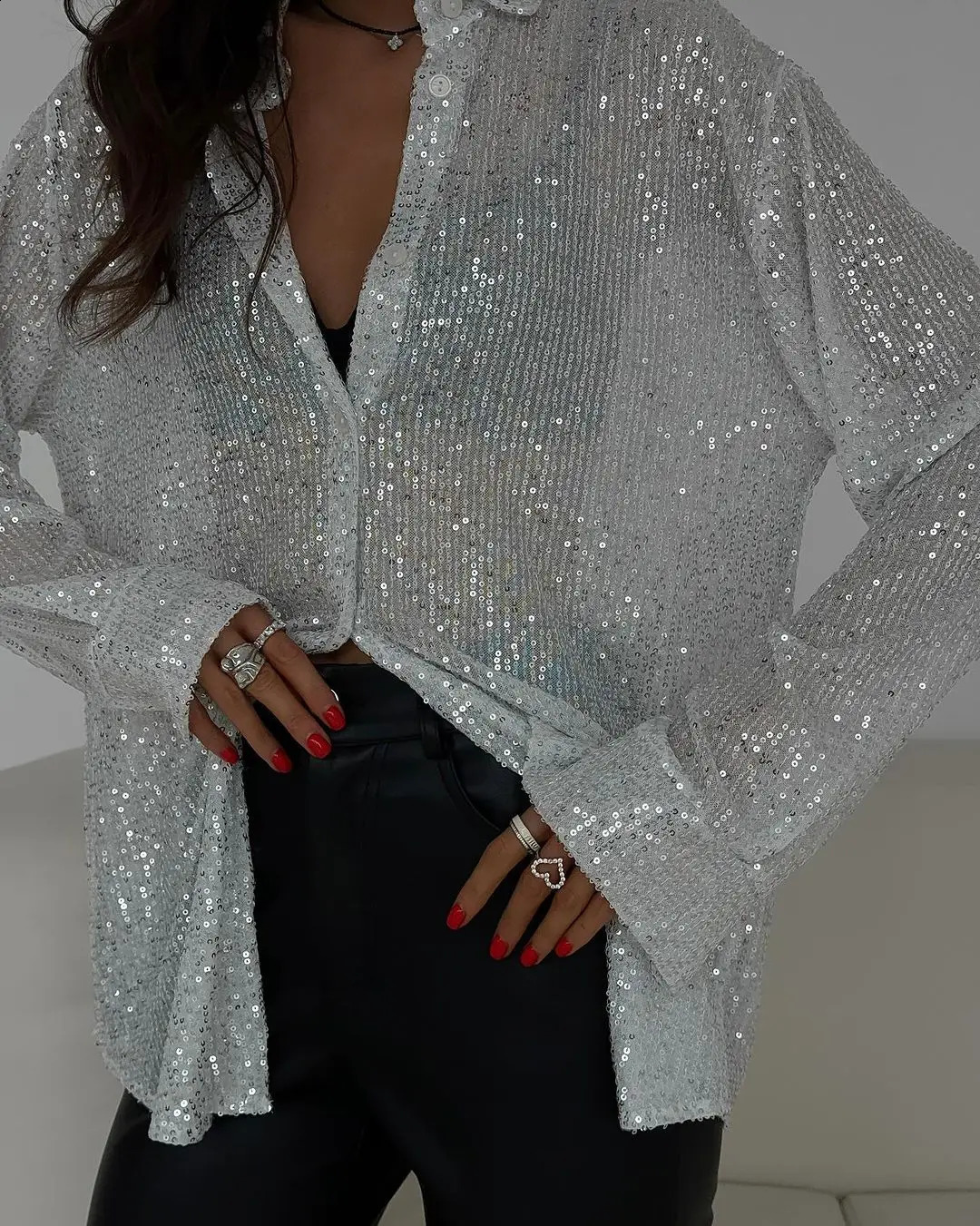 Spring Womens Shirt Shiny Sigle Breasted Button Long Sleeve Party Collar Street Clothing 250319