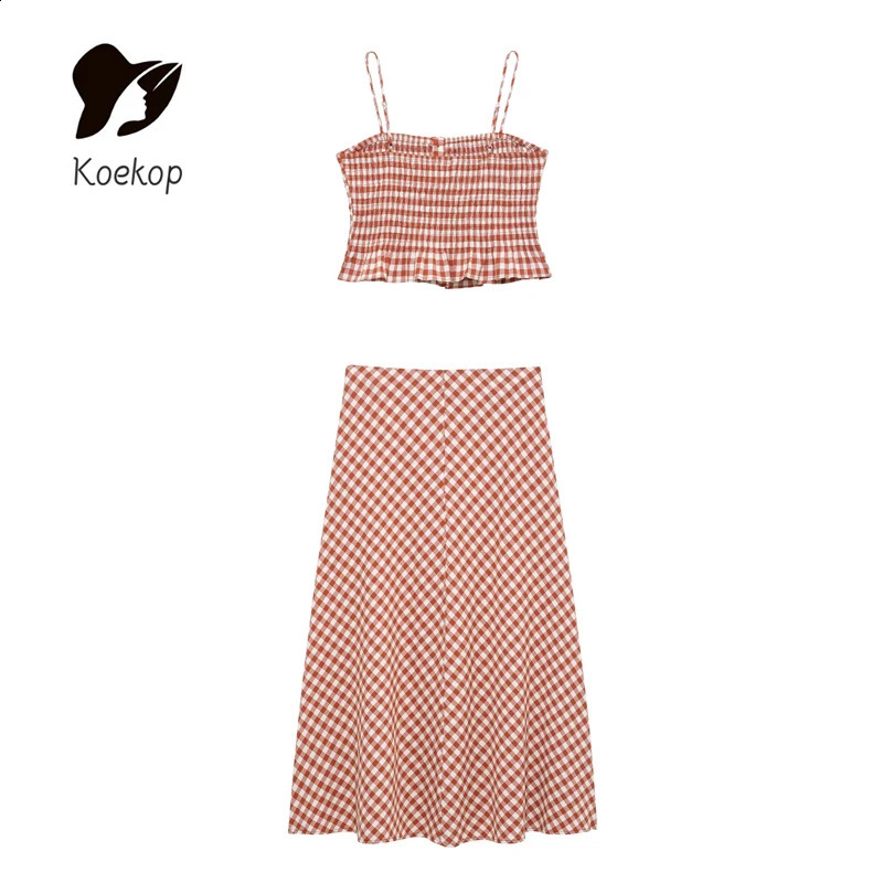 Koekop womens fashionable checkered shorts backless top and retro casual high waisted chic temperature maze skiing 250318