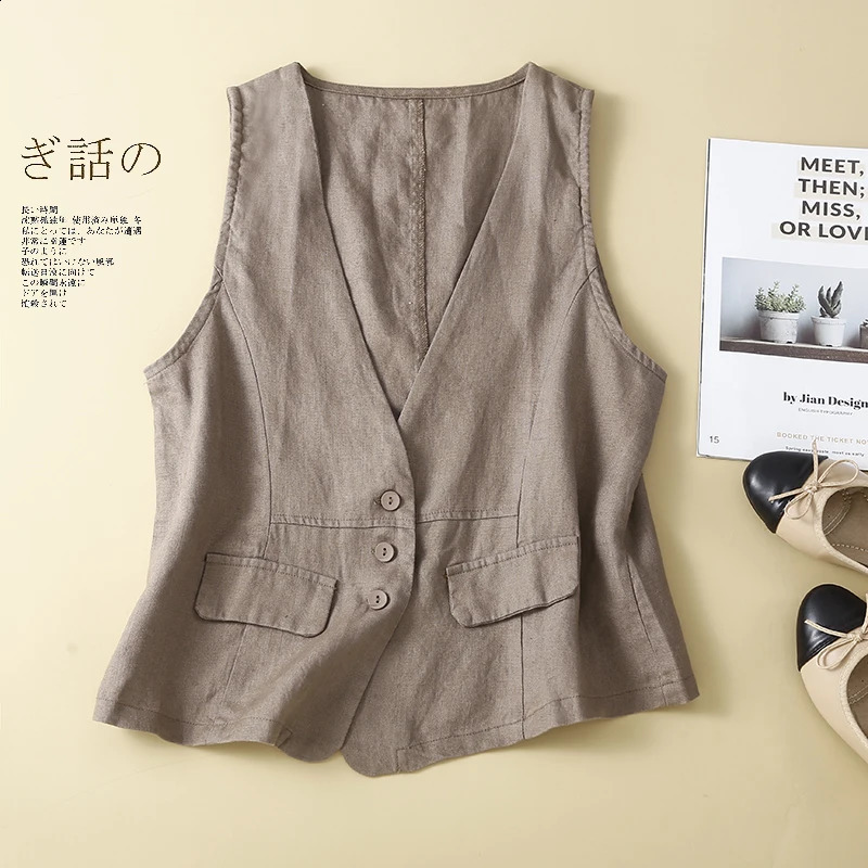 TingYili cotton linen sleeveless jacket summer Vneck white khaki green black vest Korean style cardigan 250319