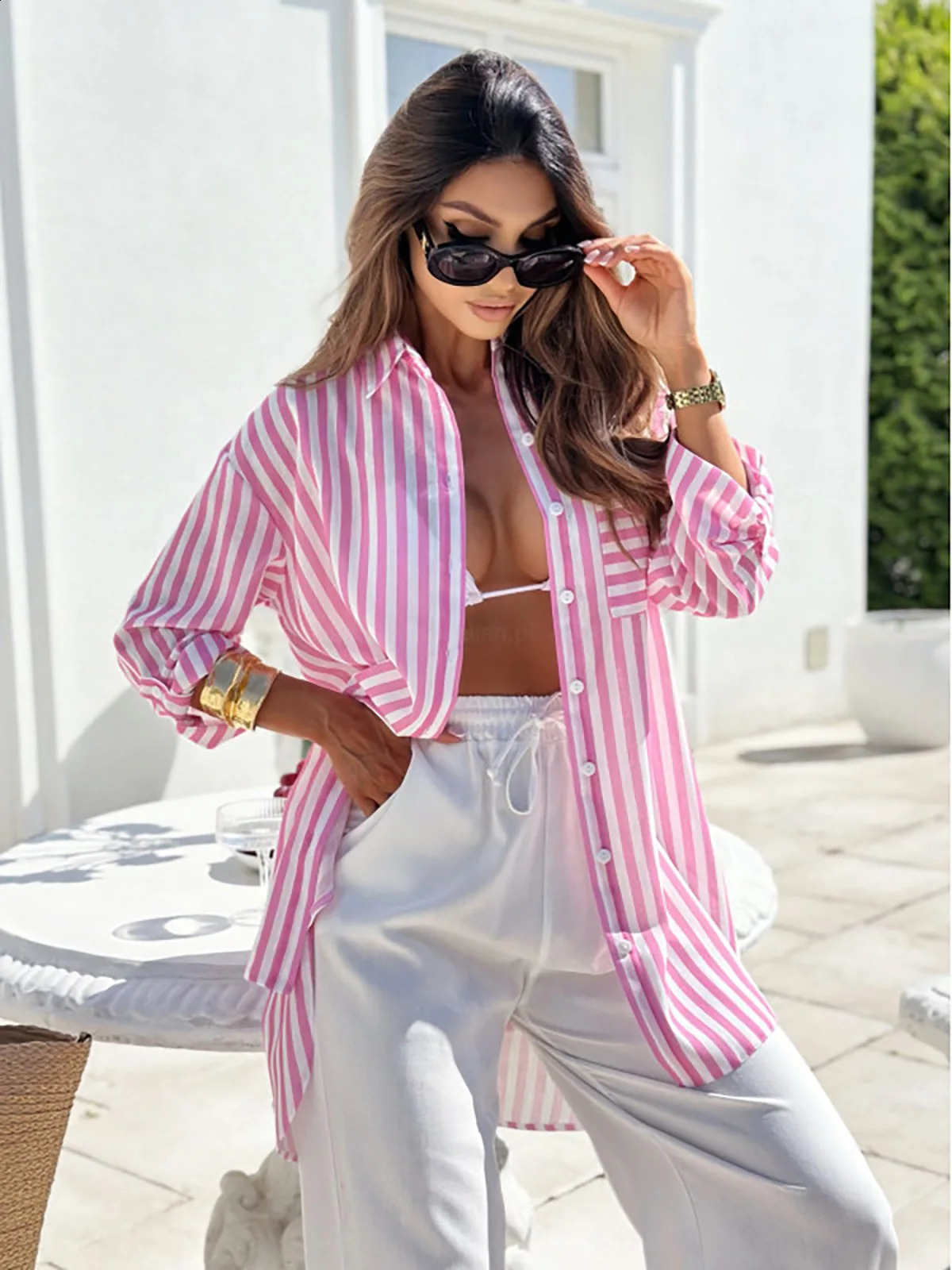 Womens long sleeved striped shirt womens casual top and blouse clothing 250318