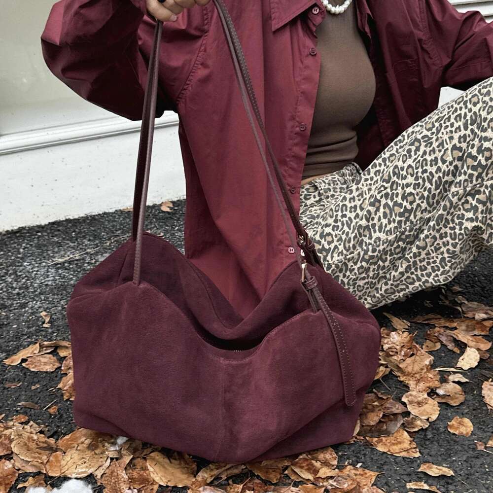 Natural Suede Leather Women Boston Bags Roomy Pillow Matte Cowhide Bag New Crossbody Retro Tote