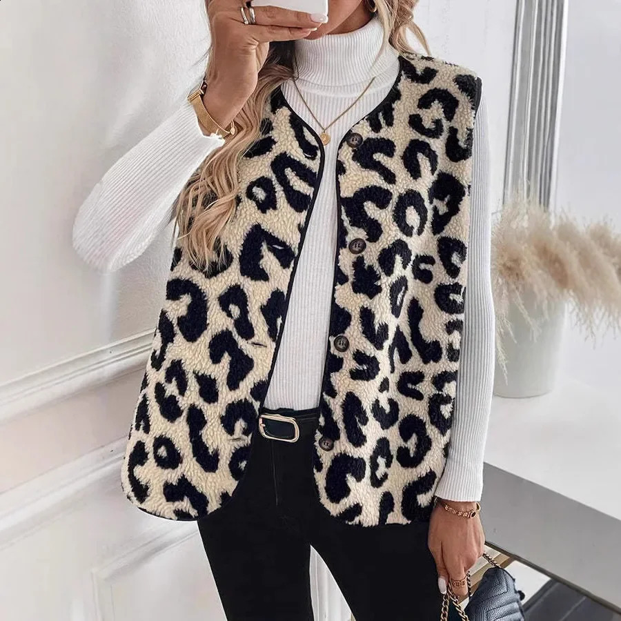 Fashionable and simple front button plush vest 2024 autumn winter leopard print womens jacket Vneck Chinese 250319