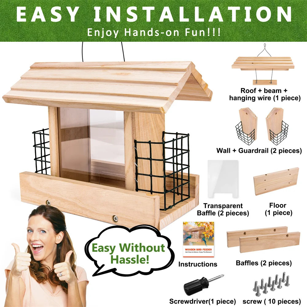 55LB wooden bird automatic feeder food feeding tool hanging outdoor large 250318