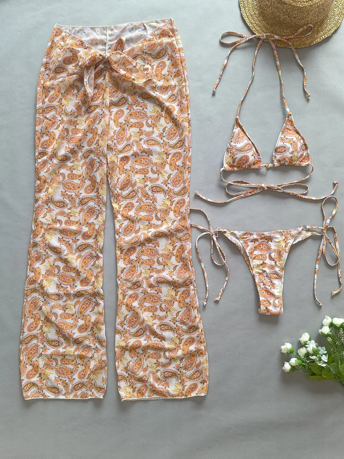 3Pcs Bikini Set Sexy Bikini Push UP Women Swimsuit Female Swimwear with Cover-Ups Bathing Suit Beachwear Print Pants 250319