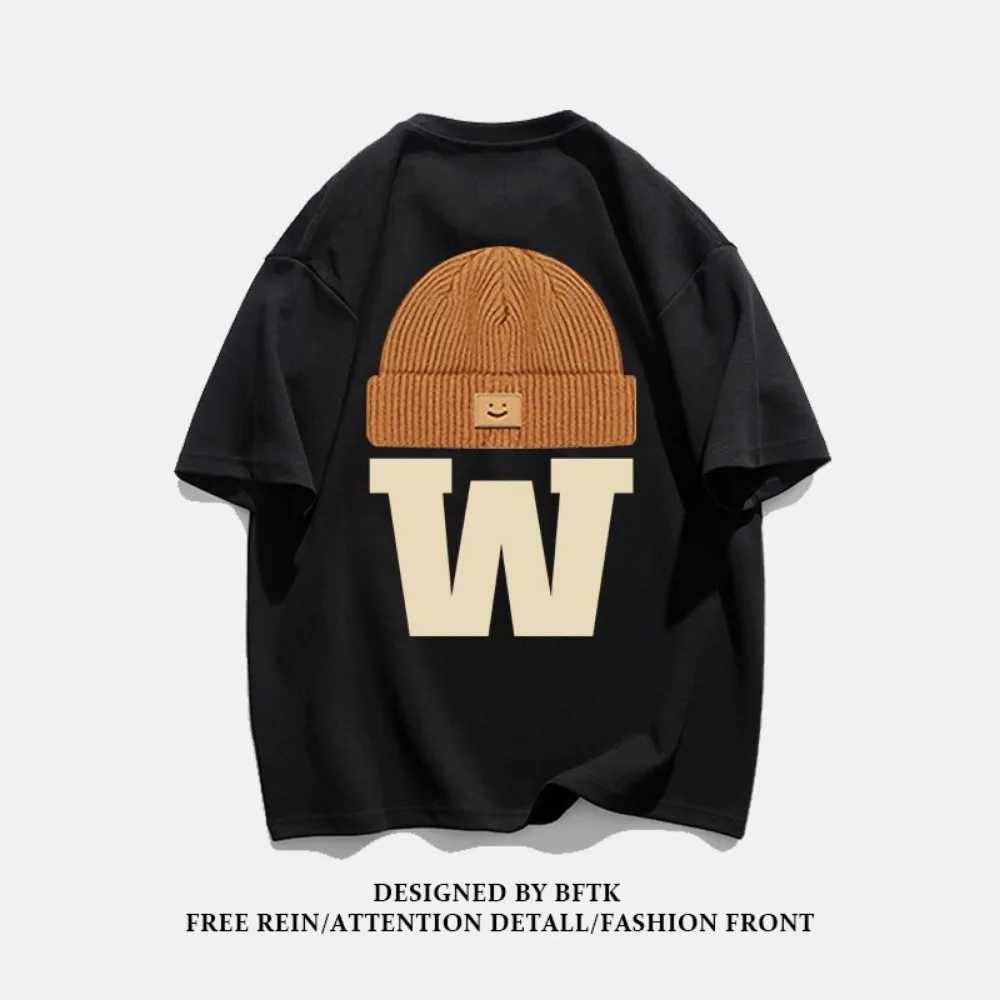 Summer fashion heavyweight retro mens English letter 100% pure cotton printed round neck high-quality casual fitness street T-shirtT250318