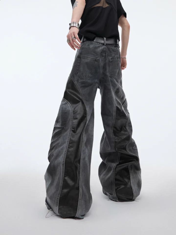 Cyber Y2K Streetwear Black Pu Leather Patch Work Bag Shining Jeans Mens Clothing Laundry Black Wide Leg Denim Trouser 250317