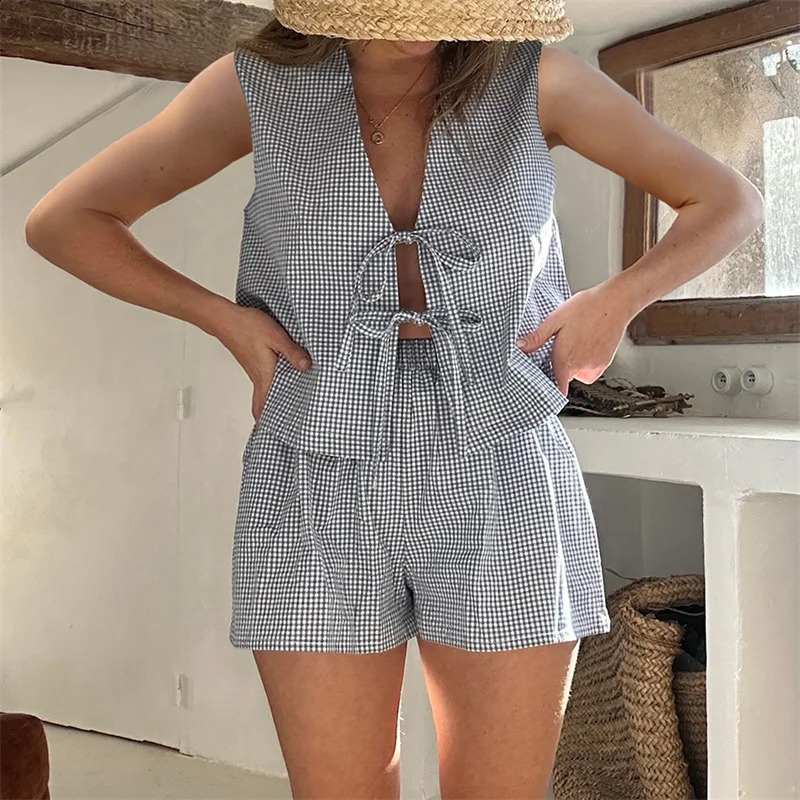Women 2-Piece Shorts Set Plaid Print Lacing V-Neck Sleeveless Tank Tops Elastic Waistband Shorts Loungewear Outfits 250319