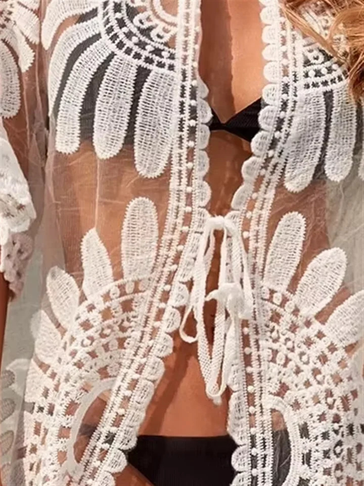 Flower Lace Cover-ups Beachwear White Cardigan Beach Cover Ups for Swimwear Women Bath Exits Outfits Bathing Suit Dress 2025 250319