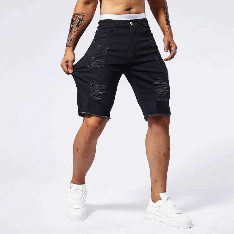 2025 Summer New Mens Ripped Denim Shorts Fashion Vintage Hole Streetwear Stretch Slim Knee-length Short Pants Trendy Brand Male W250319