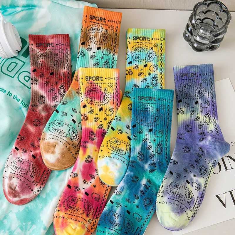 3 pairs of gift box tie dyed colored cotton socks with medium waistband and fruit flower sports socks X250319