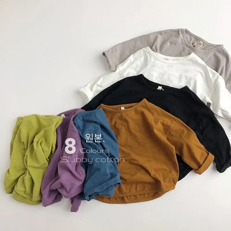 Solid Color Bottoming Shirt Clothes 100% Cotton All-match Long Sleeve T-shirt Spring Kids Boys Casual Crewneck Pullovers 250319