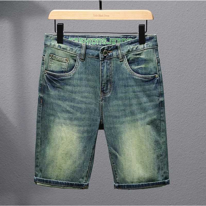 Retro green denim shorts mens summer stretch fashion brand loose straight American casual pleated cool shorts W250319