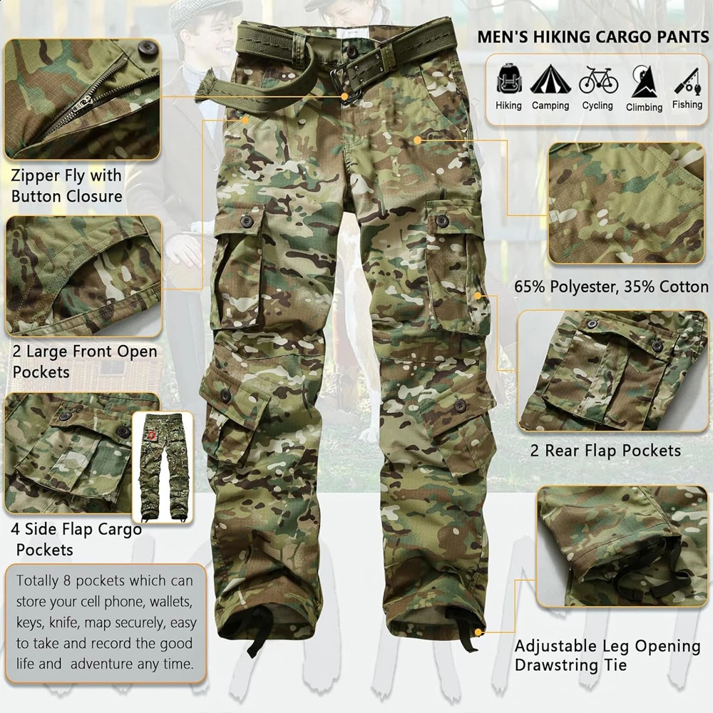AKARMY Mens Ripstop Wild Cargo Pants Relaxed Fit Hiking Army Camo Combat Casual Work with 8 PocketsNo Belt 250319