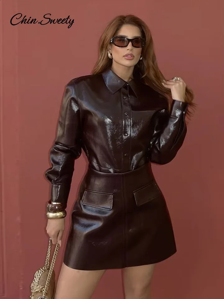 Casual Leather Jacket Skirt Set for Women 2 Pieces Lapel Single Breasted Top Mini Skirts Autumn Lady Y2k All-matching Outfits 250319
