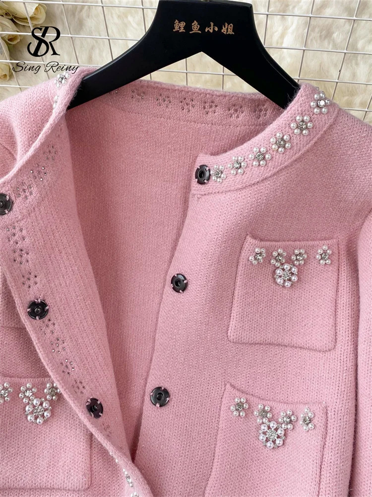 SINGREINY Japan Style Pearls Knit Suits Hidden Breasted Pockets CardiganMini Pleated A Line Skirt Women Sweet Streetwear Sets 250319