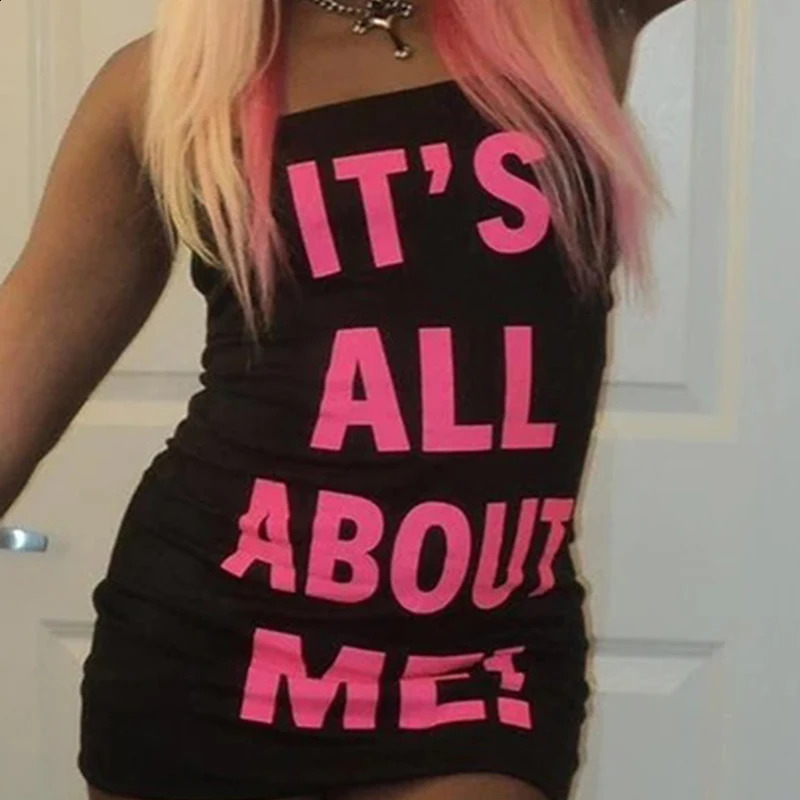 Y2k Clubwear Sexy Trendy Tube Top Mini Dresses Summer Clothes for Women Fashion Sexy Gothic Pink Letter Slogan Print Bodycon 250319