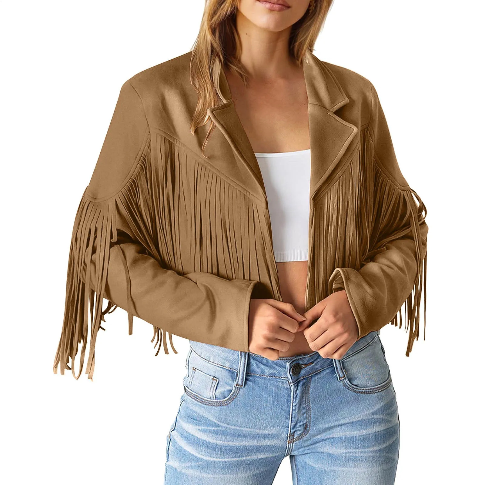 Womens commercial jacket womens edge synthetic suede leather fashionable tassel motorcycle cutting 250317