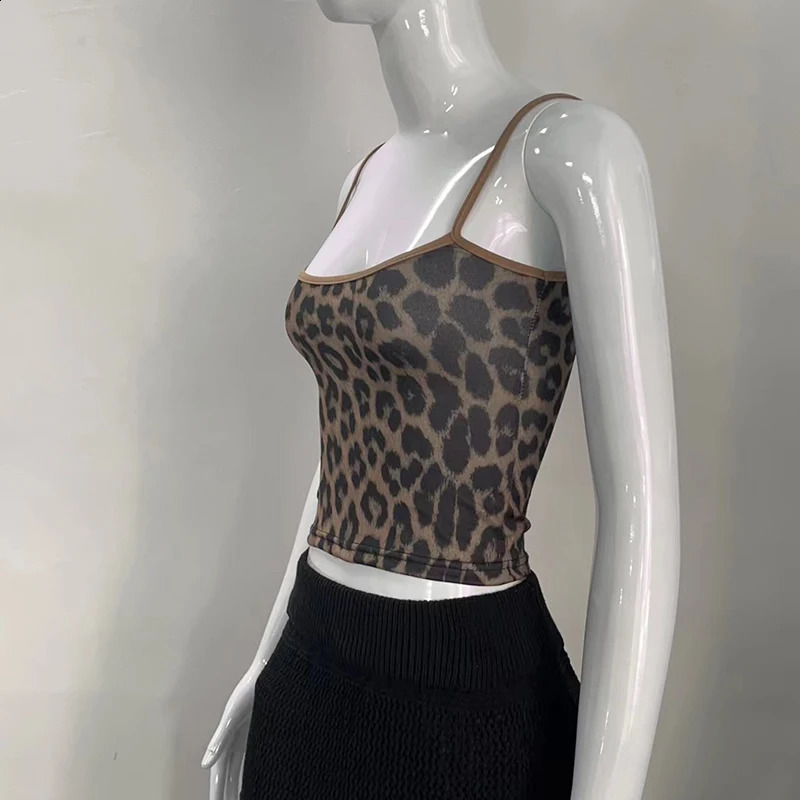 Y2K Summer Girl Style Retro Leopard Print Camisole Slim Spaghetti Strap Sexy Crop Top Skinny Sleeveless Tank Tops 250319