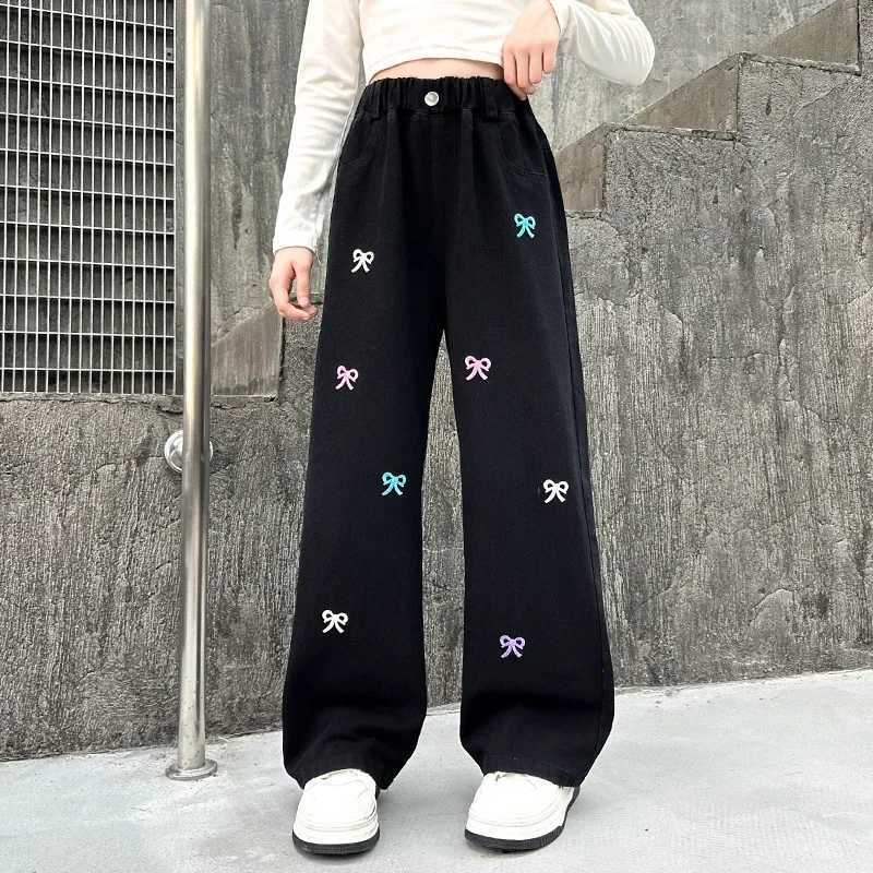 Girls retro black embroidered bow embroidered wide-legged trousers high waist straight tube show thin floor pants 5-14 years oldT250318