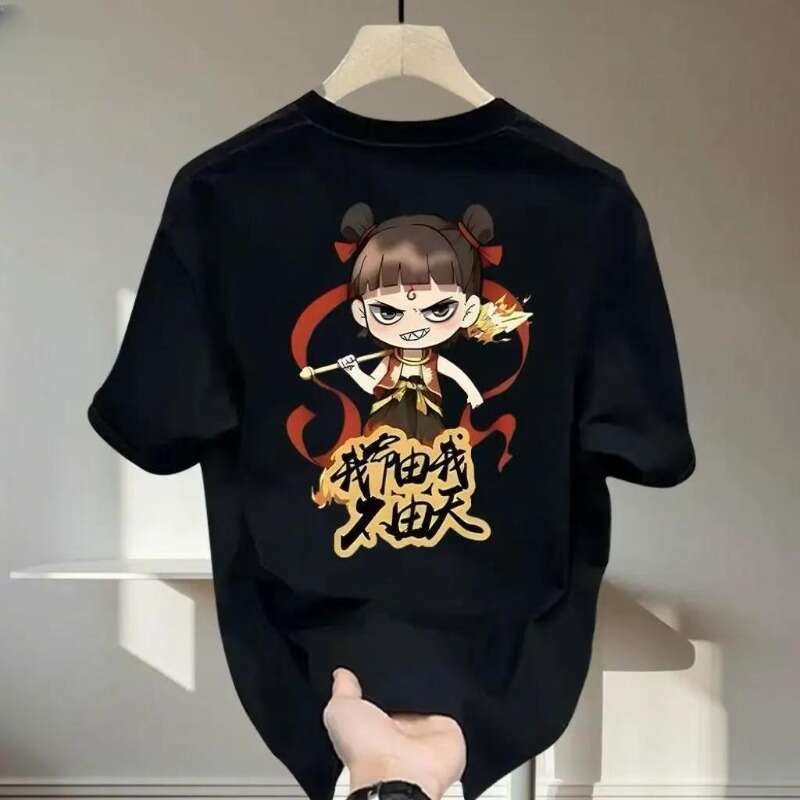 Trendy brand short sleeved T-shirt for men, slim fit cartoon Nezha print thin T-shirt, trendy clothes on top