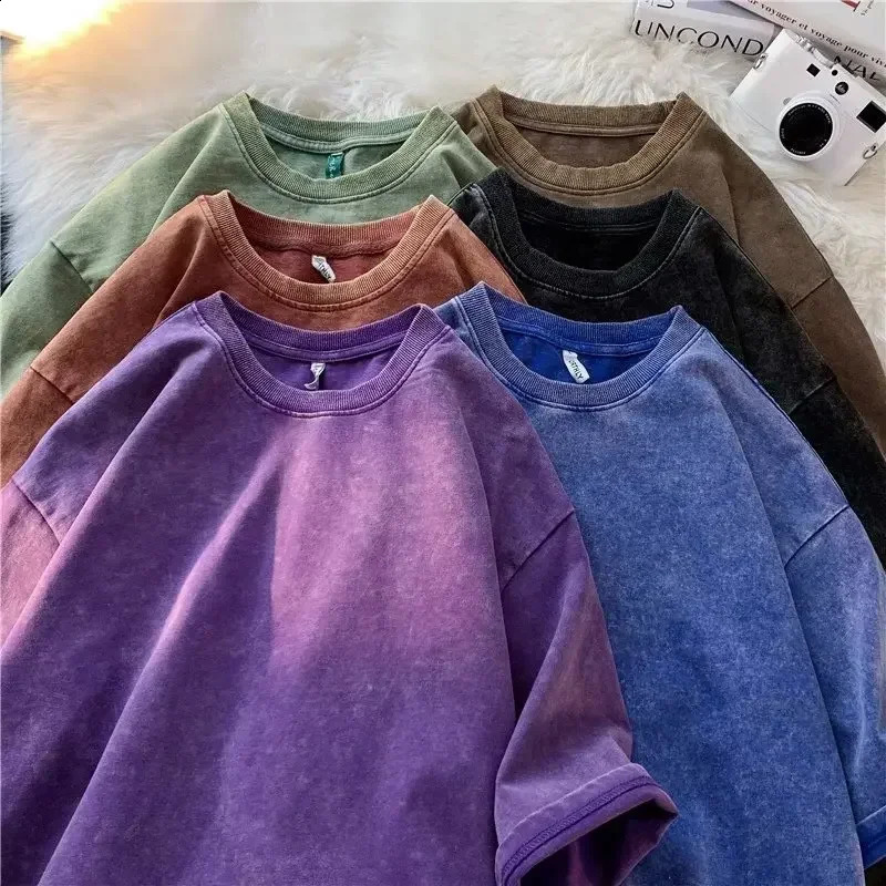 American style retro heavyweight solid color short sleeved Tshirt mens summer street trend washed out oversized clothes 250319