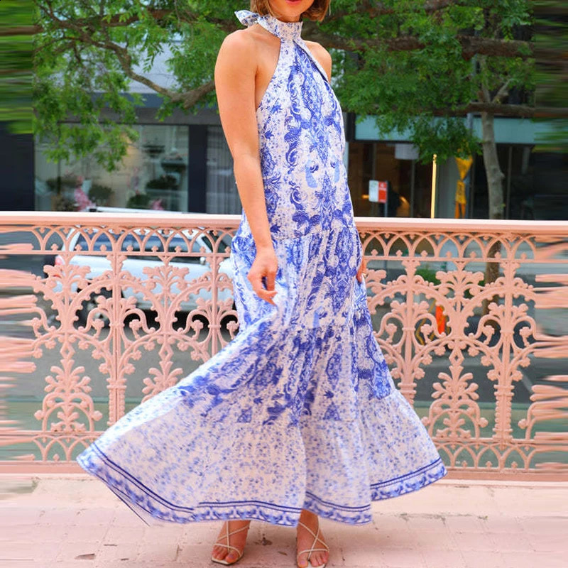 Elegant off shoulder summer long dress for women fashionable blue pattern printed Bohemian dress casual sleeveless pleated party dress 250314