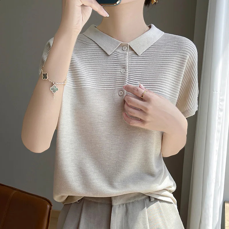Womens T-shirt Summer Worsted Knitted Tees Casual Solid Sweater Short Sleeve POLO Collar Blouse Ladies Clothes Loose Tops 250318