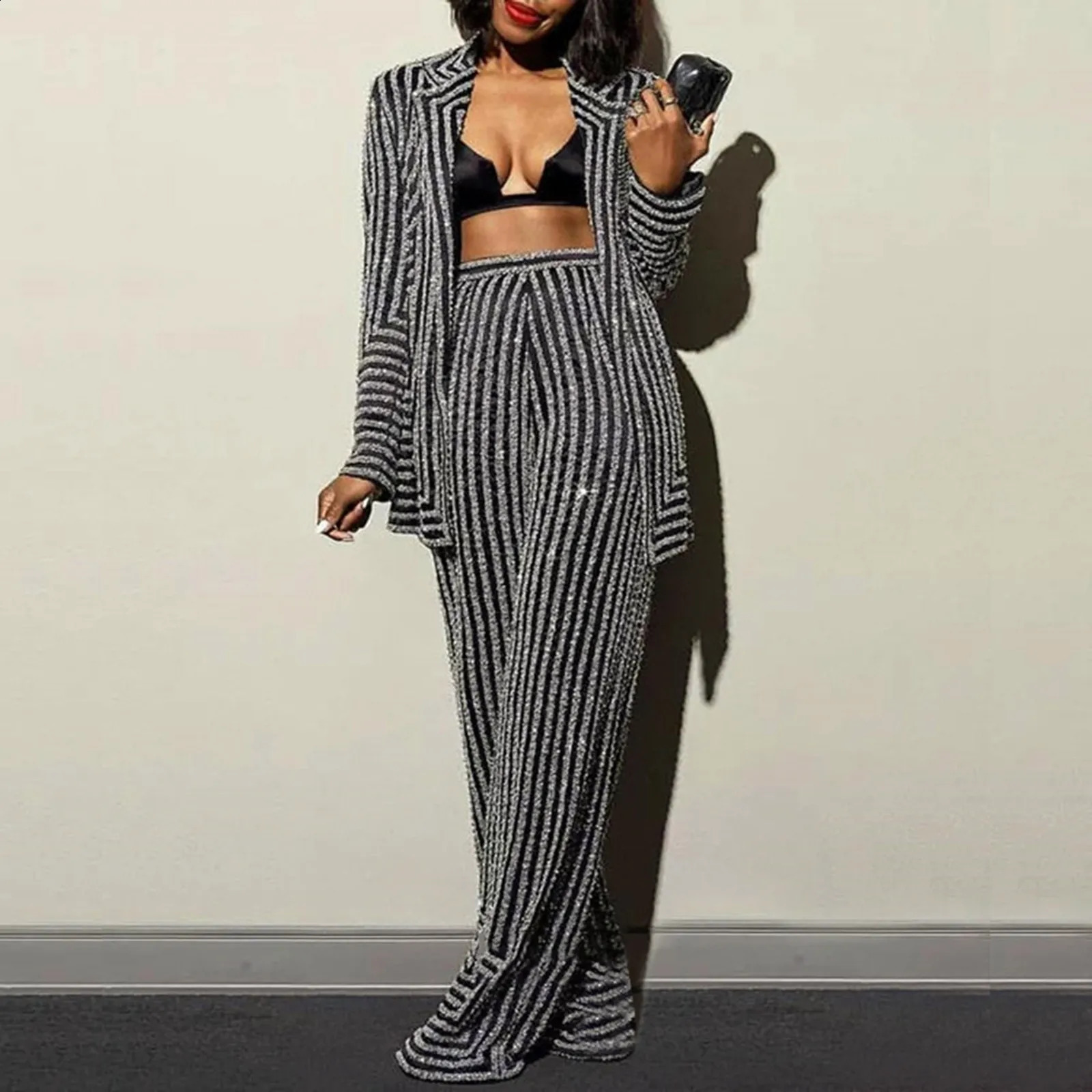 Striped Printing Clothes For Women 2 Piece Set Casual Loose Cardigan Tops Spring Clothing Wide Leg Pant Suit Trousers Suits 250317