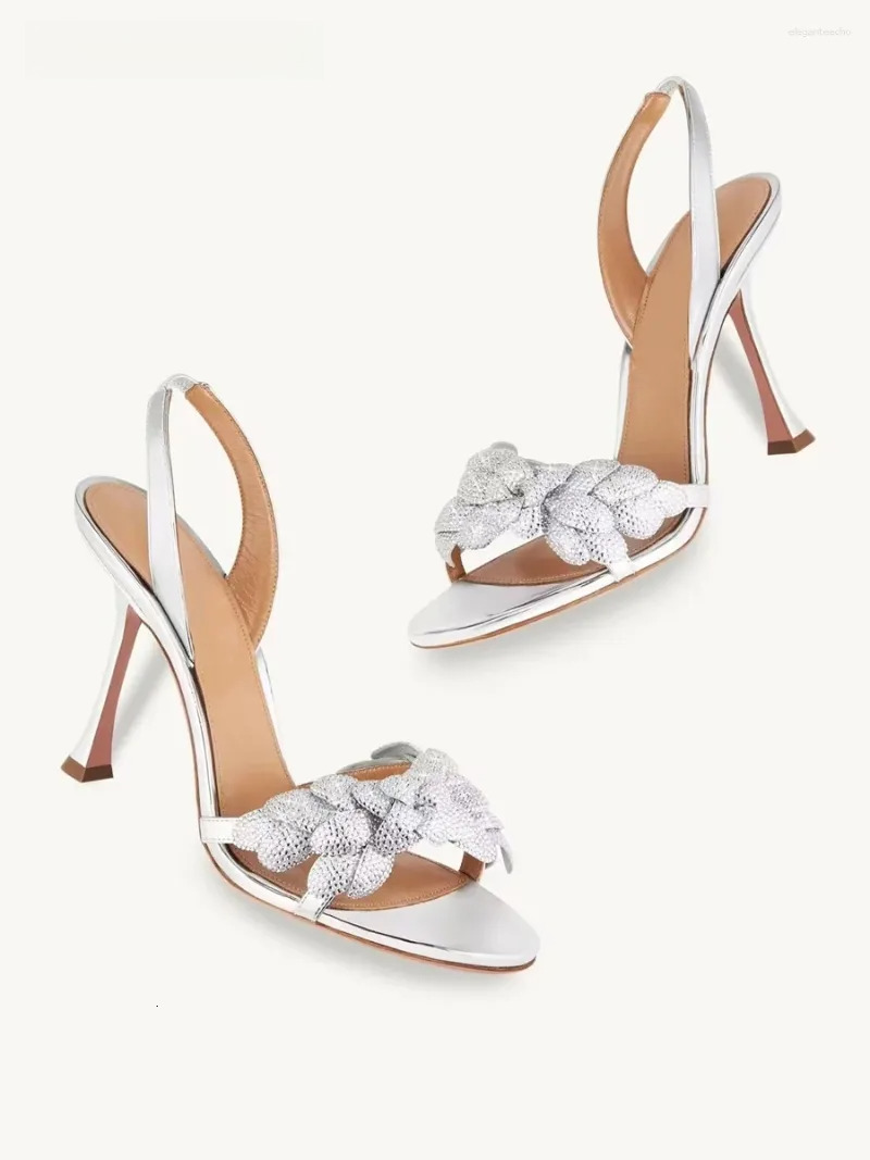 2025 S Fashion Designer Sandals Stylish Crystal Ral Embellishment Sgbacks Elegant Round Open Toe Thin High Heels Women Summer Party Gown Stilettos