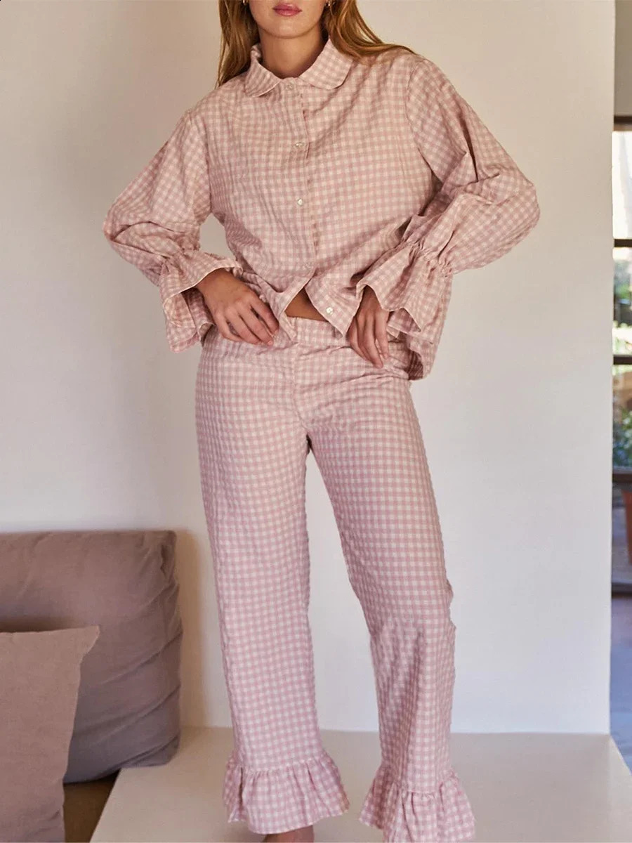 Womens Two Piece Outfits Set Long Sleeve Tie Front Top and Ruffled Wide Leg Pants Y2k Peplum Pajama Sets 250319