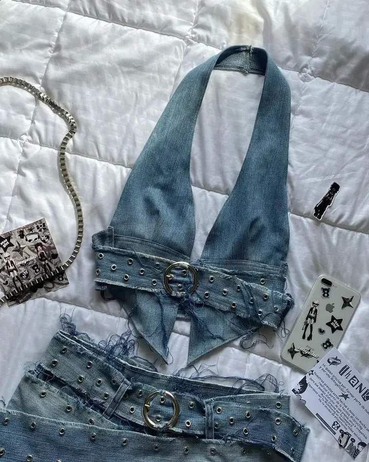 Harajuku Sling Y2k Two Piece Sets Womens Outfits Gothic Vintage Denim Skirt Sets Sexy Slim Crop Tops Mini Skirt Streetwear 250319