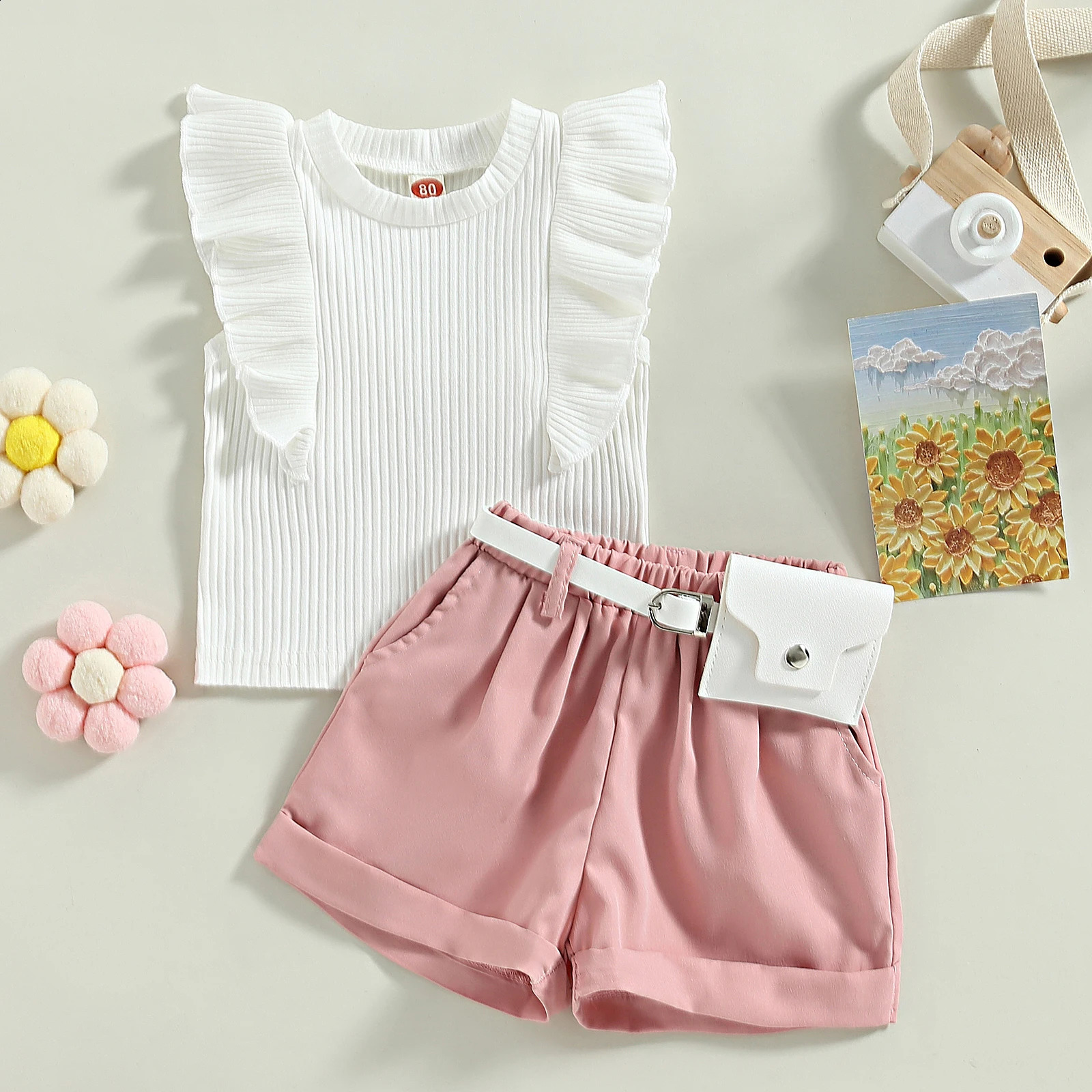 Children infants girls summer clothing flight sleeves ribbed tank tops and elastic casual shorts with belt set 9M4T 250312