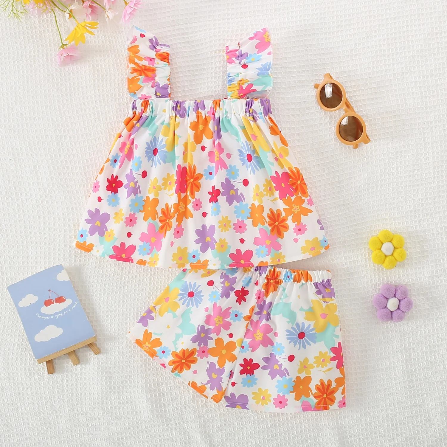 2 Pieces Set Summer Baby Girl Clothes Colorful Flower Printed Top with Shorts Korean Outfit 250319