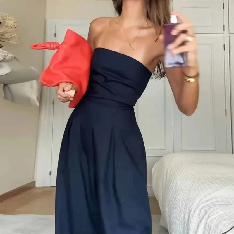 Womens Tube Top Sleeveless Jumpsuit Summer Sexy Casual Navy Blue Strapless Wide-Leg Pants Loose Romper High Streetwear Jumpsuit 250318