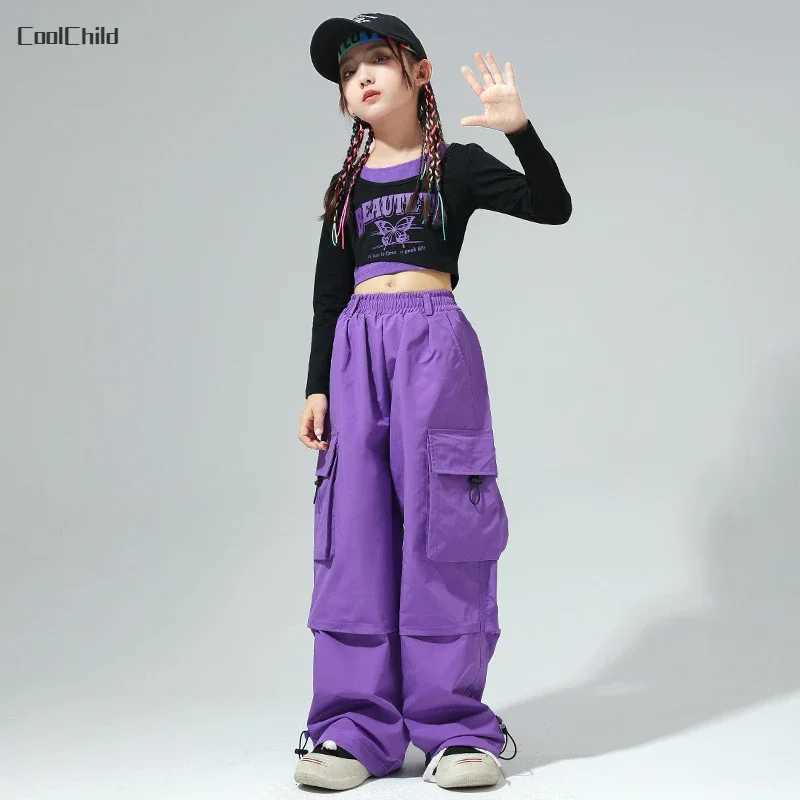 Girls Hip Hop Faux Two Piece Colorful Crop Sweatshirt Street Dance Cargo Pants Child Streetwear Kids Jazz Costumes Clothes SetsT250318