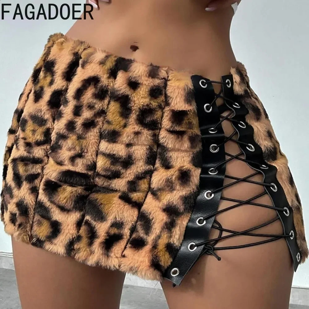 FAGADOER Leopard Fur Skirts Women Y2k Punk Gothic Bandage Lace-up Mini Skirts Girl Fashion Streetwear Autumn Clothing 250319