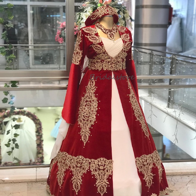 Traditional Red Turkish Wedding Dress Ottoman Style Caftan Moroocan Bride Dress Applique Lace Muslim Bridal Gown 2025 Vestido De Noiva Casamento Dubai