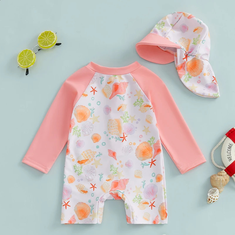1-5T Toddler Girls Rash Guard Swimsuit with Hat 2 Pcs Set Shell Pattern Zip Up Long Sleeve Crew Neck Baby Girls Swimwears 250319