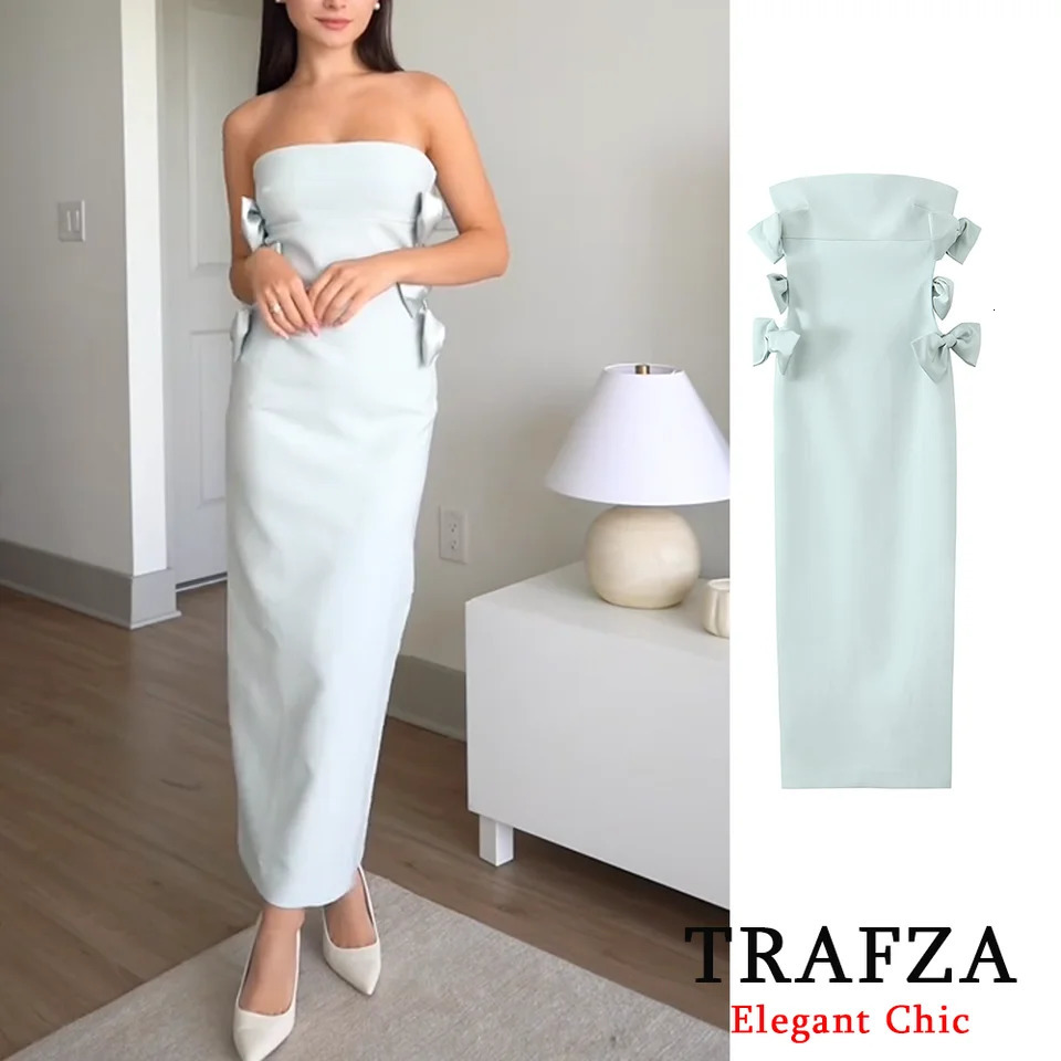 TRAFZA Fashion Bow length Womens Spring/Summer Sleeveless Beach Midi Dress Womens Ruffle Elegant Party Chic Dress 250314