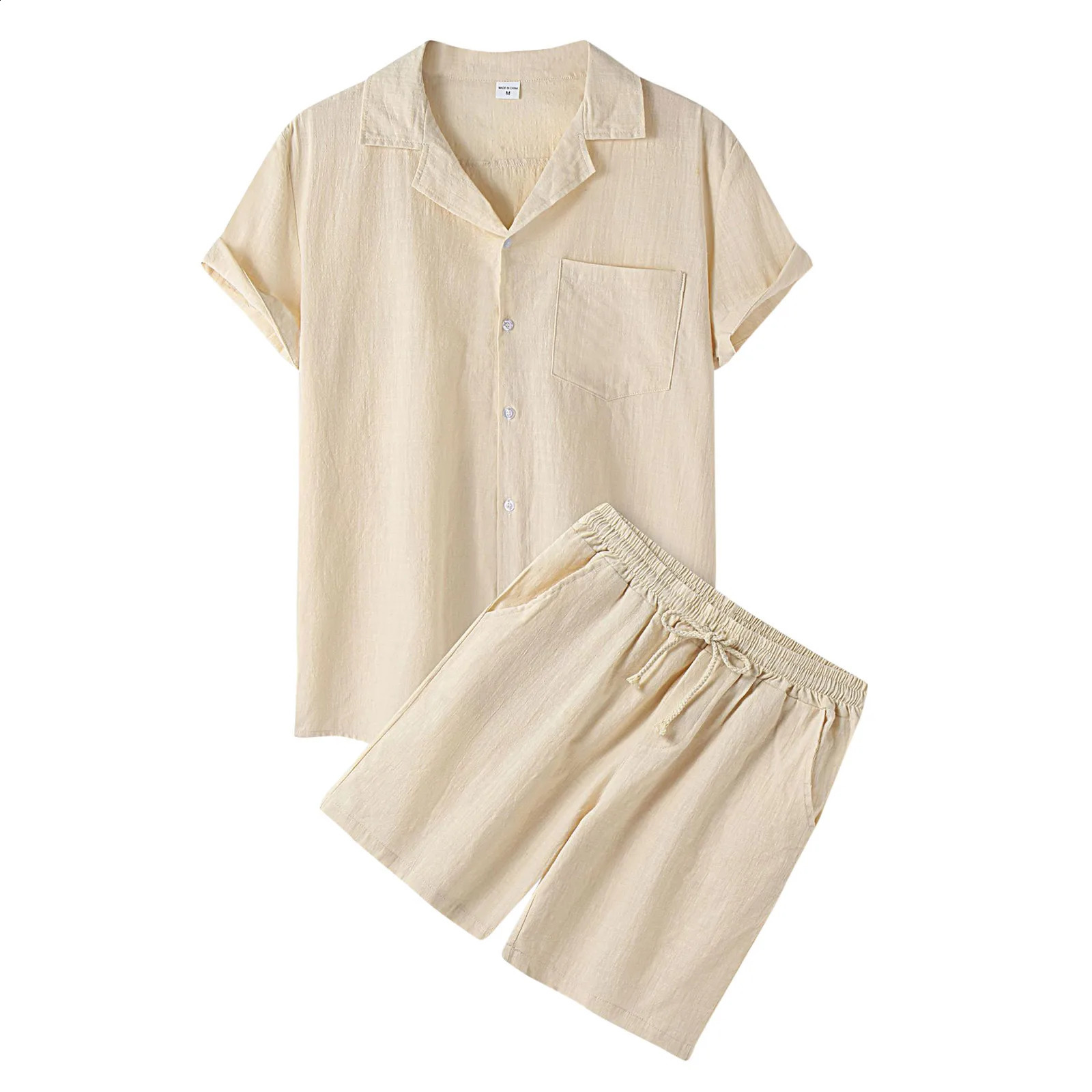 Mens Summer 2 Piece Shorts Set Solid Color Cotton Linen Short Sleeve Lapel Button Up Shirts TopShort Pants Set Sleepwear Pajamas 250317