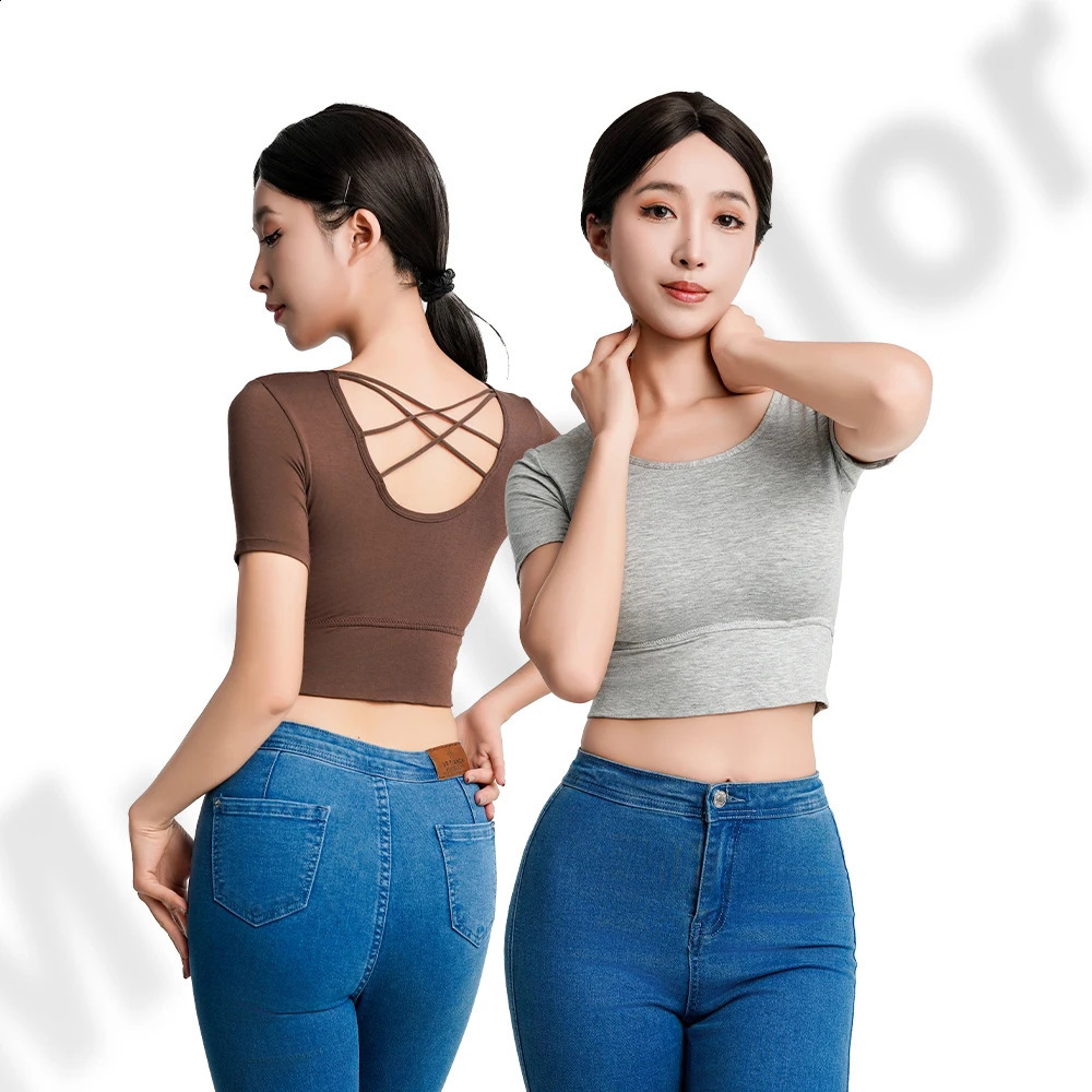 Womens Short Sleeve Tank Tops Backless Spring Summer Crop Tshirt Padded Slim Camisole Tees Bottoming 2025 Plus Size 250311