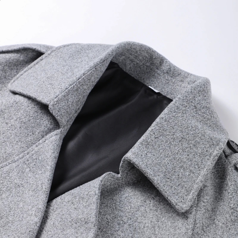 Grey double breasted synthetic wool coat for women loose collared long sleeved jacket autumn elegant casual 250319