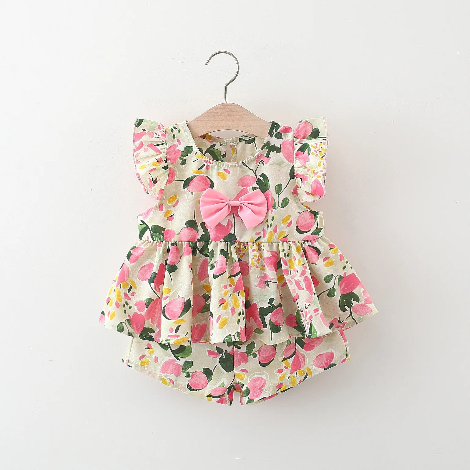 03 years old Summer girl peach print bow sleeve top and shorts set cute cotton twopiece for girls 250319
